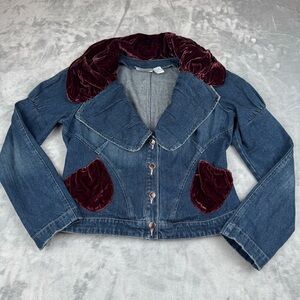 Vintage 90s Y2k Denim Jacket Womens Sz 12 Velvet Fairy Whimsygoth Burgundy Boho